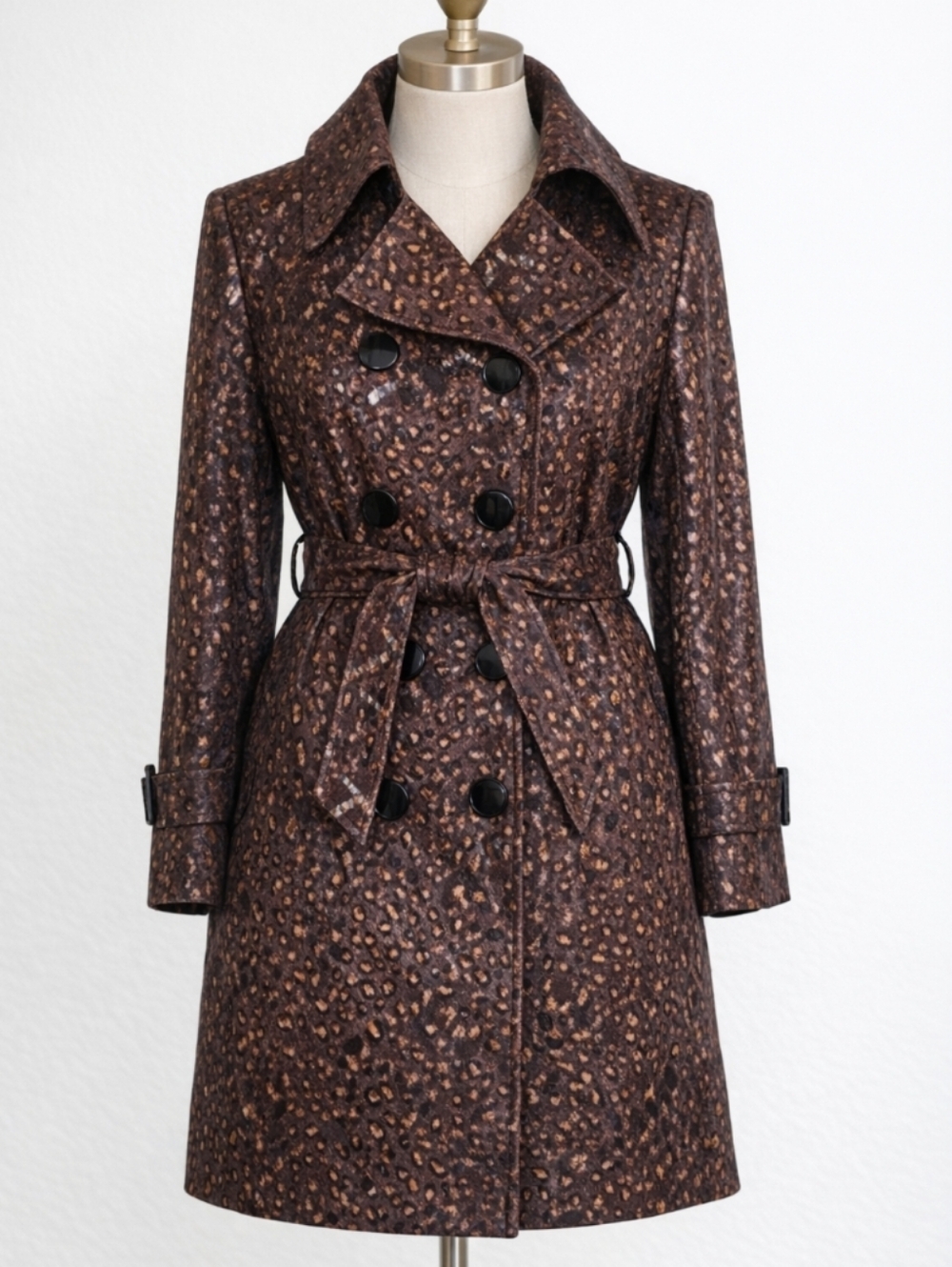 Vintage 90s Leopard Print Trench Coat Brown Copper Animal Print | MEDIUM